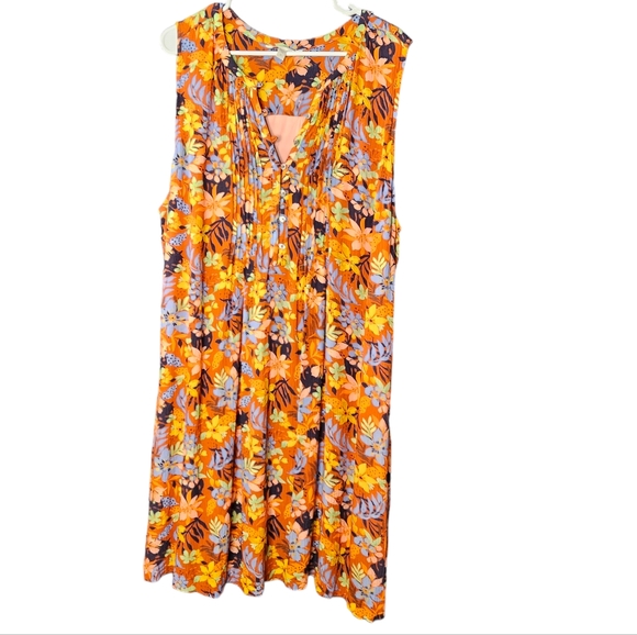 Garnet Hill Hawaii Tropical Floral Sleeveless Tuxedo Pleats VNeck Dress Midi XL - Picture 1 of 8